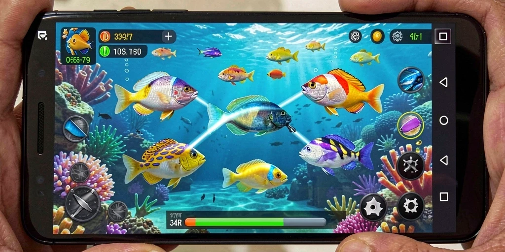 Screenshot gameplay 34R yang menampilkan aksi menembak ikan dengan grafis menarik.