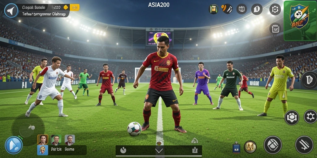 Tangkapan layar gameplay ASIA200 menampilkan aksi seru sepak bola.