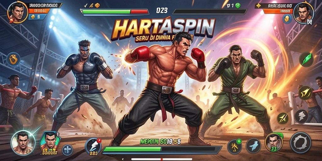 Gameplay HARTASPIN yang menarik dengan pertarungan mendebarkan.