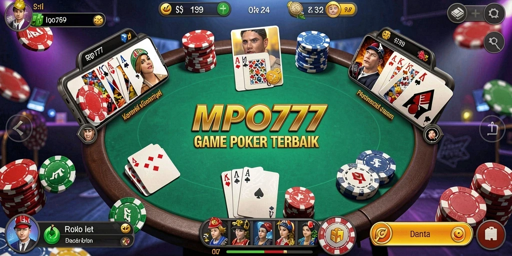 Tampilan gameplay seru di MPO777 dengan meja Poker yang aktif.