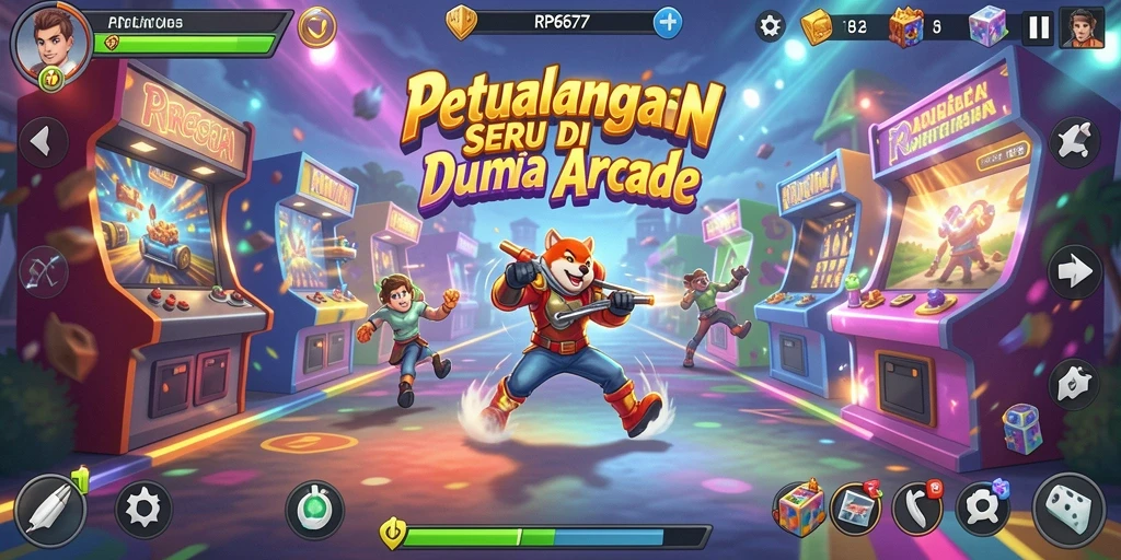 Screenshot gameplay RP6677 menampilkan karakter yang melompat di dunia penuh warna.
