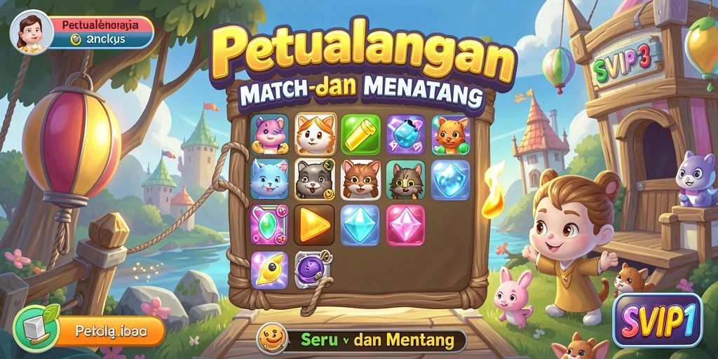 Tampilan gameplay SVIP1 yang menampilkan elemen match-3 yang berwarna-warni.