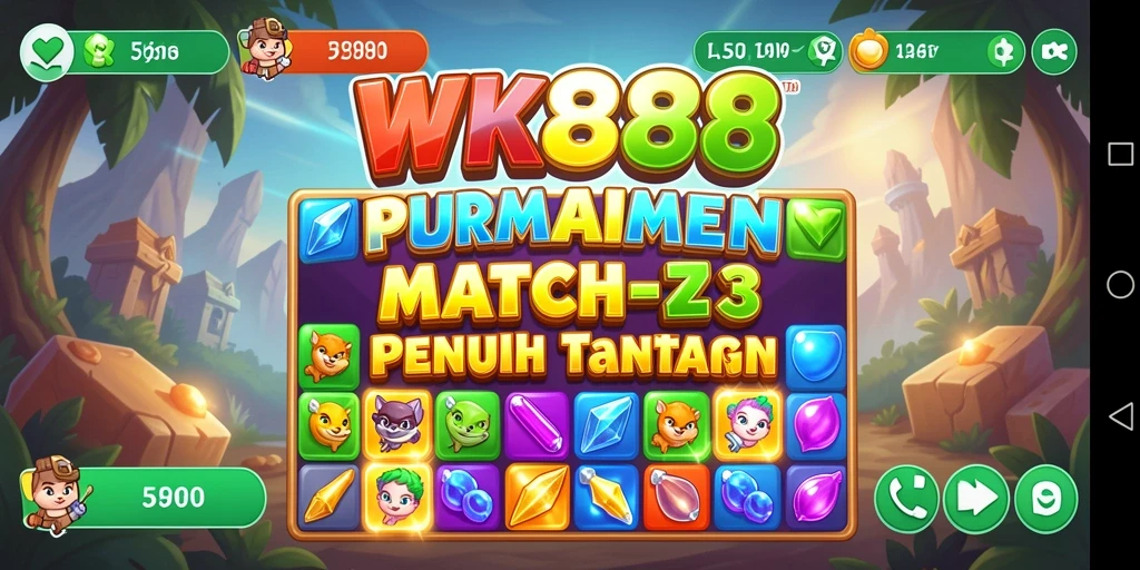 Tampilan gameplay seru WK888 dengan elemen Match-3 yang berwarna-warni.
